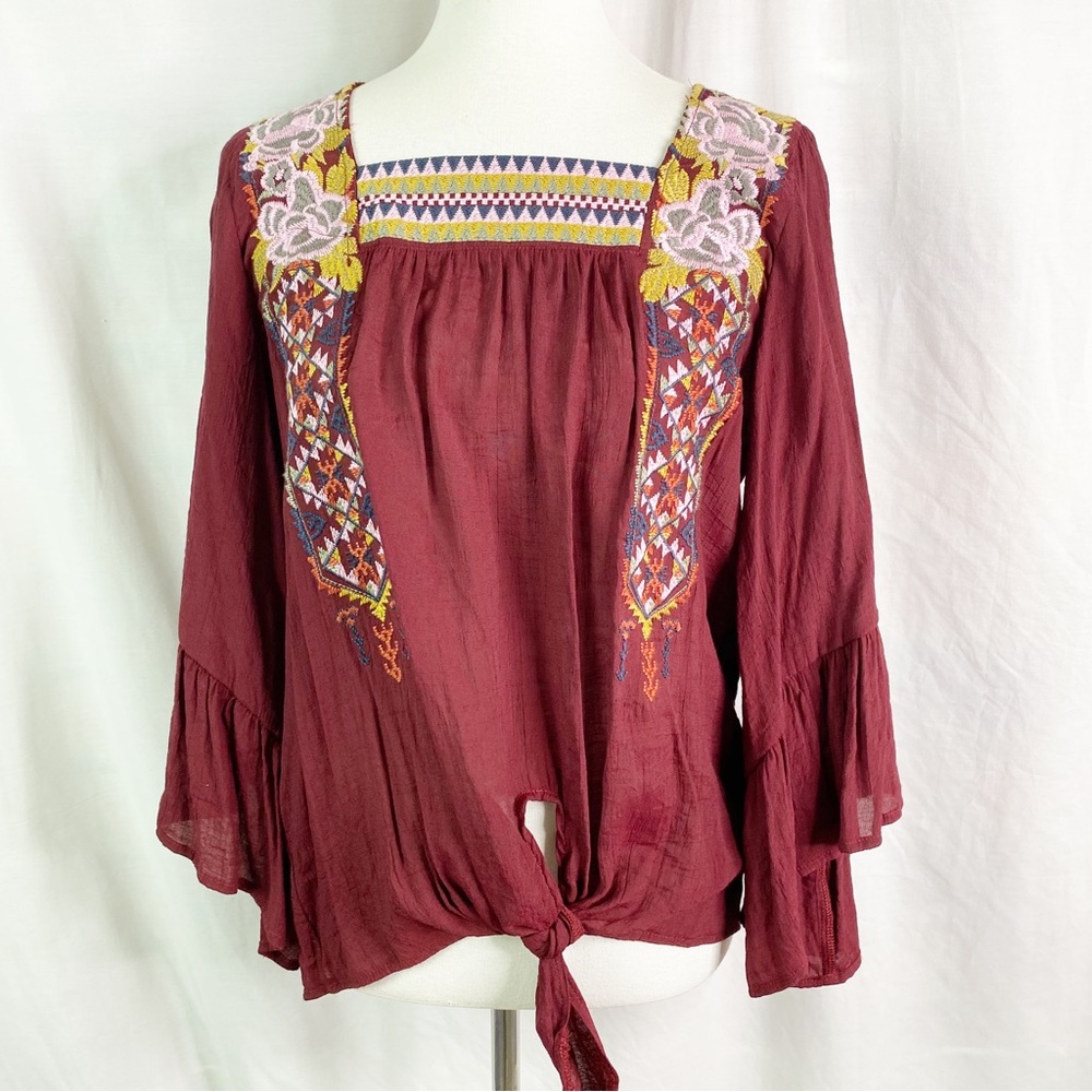 Entro Boho Southwest Embroidered Burgundy Red Flare Ruffle Sleeve Top Med